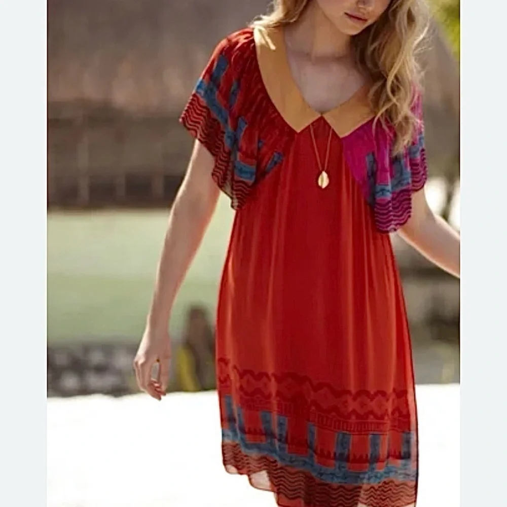 Anthropologie SILK Anupamaa Eastern Sunset Dress Women’s Size S Red Orange